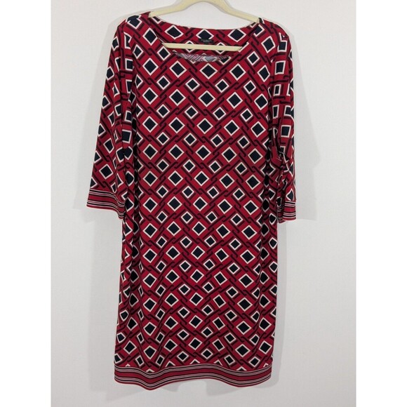 Talbots Red/Black Diamond Print 3/4 Sleeve Shift Dress Sz 3XP Jersey Knit Career - Picture 2 of 7